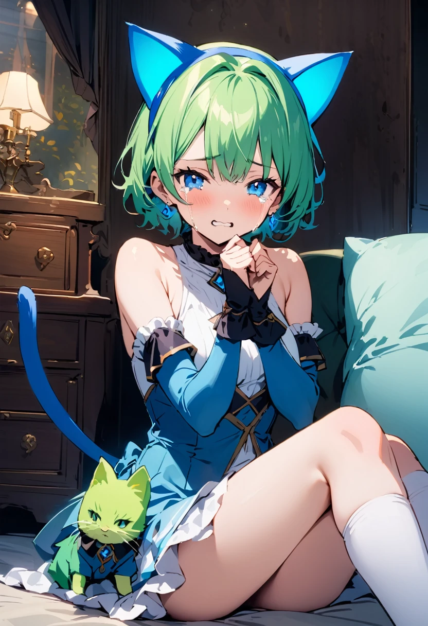 masterpiece, Highest quality, Illustrations for novels, High resolution, 18+ Adult content, Sensual, Intimate, Emotional, Passionate, romantic, sweet, Adorable, Innocent, Pure, Enchanting, Enchantingな, attractive, mysterious, Enchantingな, Enchanting, Immersive, Enchantingな, dream-like, Surreal, Imaginative, Whimsical, Artistic, Avant-garde, timeless, elegant, Sophisticated, chic, Sophisticated, Individuality, original, Enchantingな,One girl,Deltamon_beta, alone, blue eyes, Knee socks, Animal ears, Bare shoulders, Blue Tail, Earrings,Removable sleeves, Green Hair, No sleeve, Cat ear, bag, white Knee socks, Cat's Tail,pink backpack,Pink school bag,(Cheetah Dress:1.3), Paired with ivory tights and Mary Jane shoes.
rest ((Avoidance method ((kitten)), Crying face))
