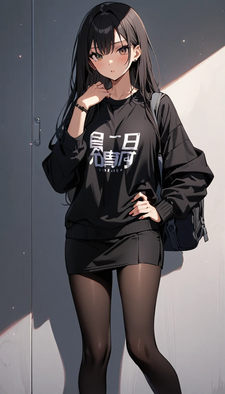 A woman wearing a black school t-shirt with long sleeves, short black skirt, black tights, black women&#39;s shoes, exposed belly, big , white bow around the neck, long black hair, pony tail, White bow in hair, Walking in a Japanese classroom, yellow  eyes, Full body, bloom, very detailed ultra definition, HDR, ​masterpiece, perfect texture, ​masterpiece, 8k hd (woman alone)