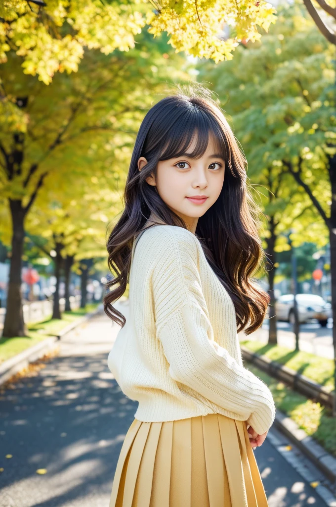 (Raw photo:1.2), (Photorealistic), Beautiful detailed girl, Very detailed eyes and face, Beautiful detailed eyes, Huge file size, High resolution, Very detailed, Best Quality, [masutepiece:1.6], Illustration, Very detailed, Fine detail, Best Quality, 8K Wallpaper, Movie Lighting, 15-year-old idol of Japan, There are countless ginkgo trees around. 
, tree-lined street, Countless yellow and green ginkgo leaves flutter, kawaii eyes, Long wavy black hair,  White sweater,  Brown pleated skirt, Red ribbons, Black boots, Slim Boti, Immature body, Young Face, Smaller chest,   Ginkgo biloba street tree,Autumn landscape, Autumn sunny, Sardine cloud, bright expression