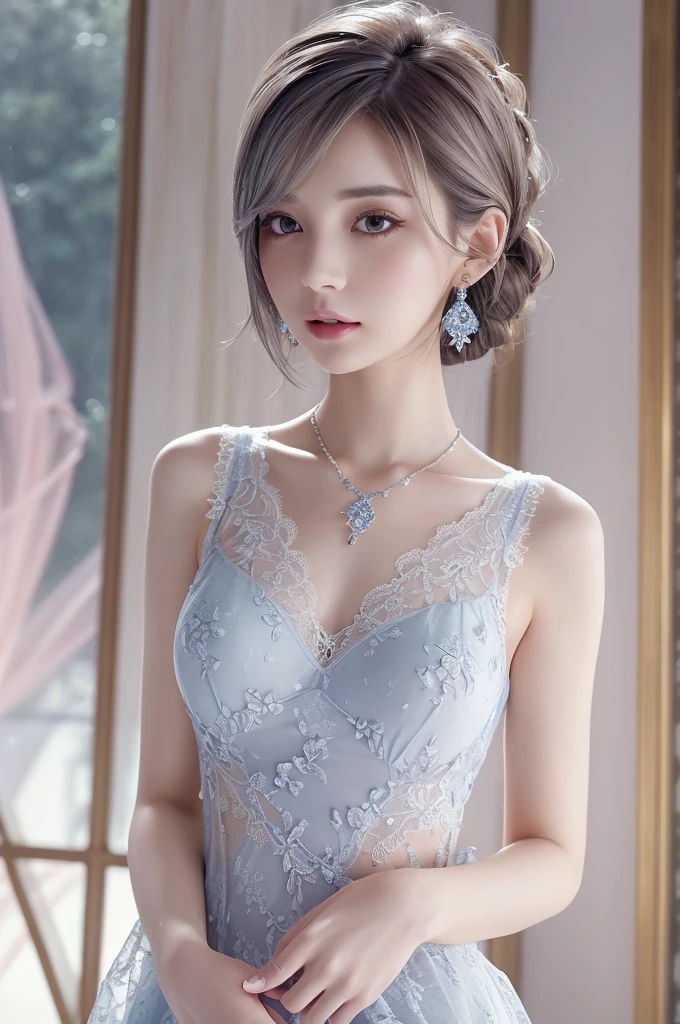 blue lace thong&Good, (((Very elegant and beautiful, Perfect detail, Super detailed))), whole body, The most detailed girl, Depth of written boundary, 美しく詳細なwhole body, Thin legs, 1 girl, 30 years old, Very short hair, Spiked Hair, Gray and silver hair, Beautiful detailed hair, Perfect Face, Expressionless, Beautifully detailed deep eyes, Open your mouth a little, Delicate arms and hands, Pale skin, Earrings, Beautiful and gorgeous necklace, Colorful background, HD background, Blurred Background, Very delicate and beautiful, Masterpiece, (((Highest quality, Very beautiful 8K CG wallpaper))), (((Trendy hairstyles))), (Inside the room,Stylish interior,window),