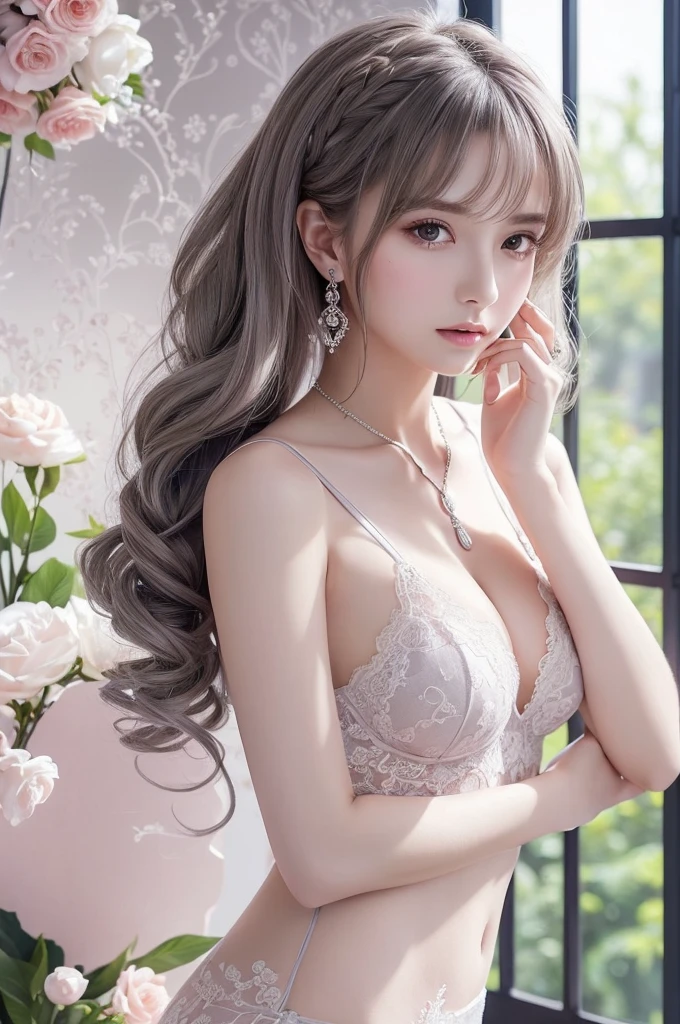 purple lace &Good, (((Very elegant and beautiful, Perfect detail, Super detailed))), whole body, The most detailed girl, Depth of written boundary, 美しく詳細なwhole body, Thin legs, 1 girl, 30 years old, Very short hair, Spiked Hair, Gray and silver hair, Beautiful detailed hair, Perfect Face, Expressionless, Beautifully detailed deep eyes, Open your mouth a little, Delicate arms and hands, Pale skin, Earrings, Beautiful and gorgeous necklace, Colorful background, HD background, Blurred Background, Very delicate and beautiful, Masterpiece, (((Highest quality, Very beautiful 8K CG wallpaper))), (((Trendy hairstyles))), (Inside the room,Stylish interior,window),