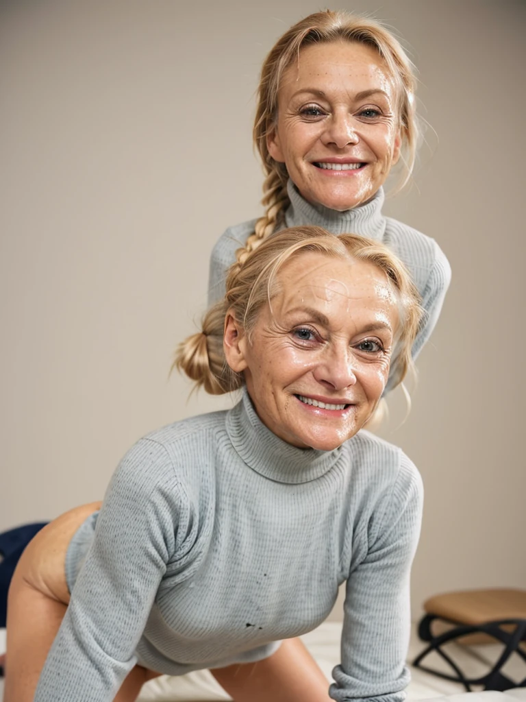 photo of a skinny very old wrinkly-faced faced mature blonde messy long hair thrown into a messy bun ponytail. She wears: (turtleneck soft high ribbed different coloured super tight sweater:1.1), submissive seductive pose, high tight ribbed neck, seductive smile, perfect fake tits, horny eager granny, teasing sexy old lady,  drenched in cum