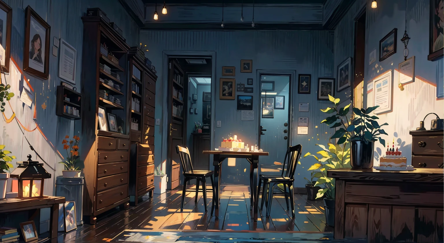 (best quality,masterpiece:1.2,detailed details,4k),A dim old apartment, a small birthday cake on an old wooden table, a modern apartment, an alarm clock on the wall, an anime scene,the wooden floor,