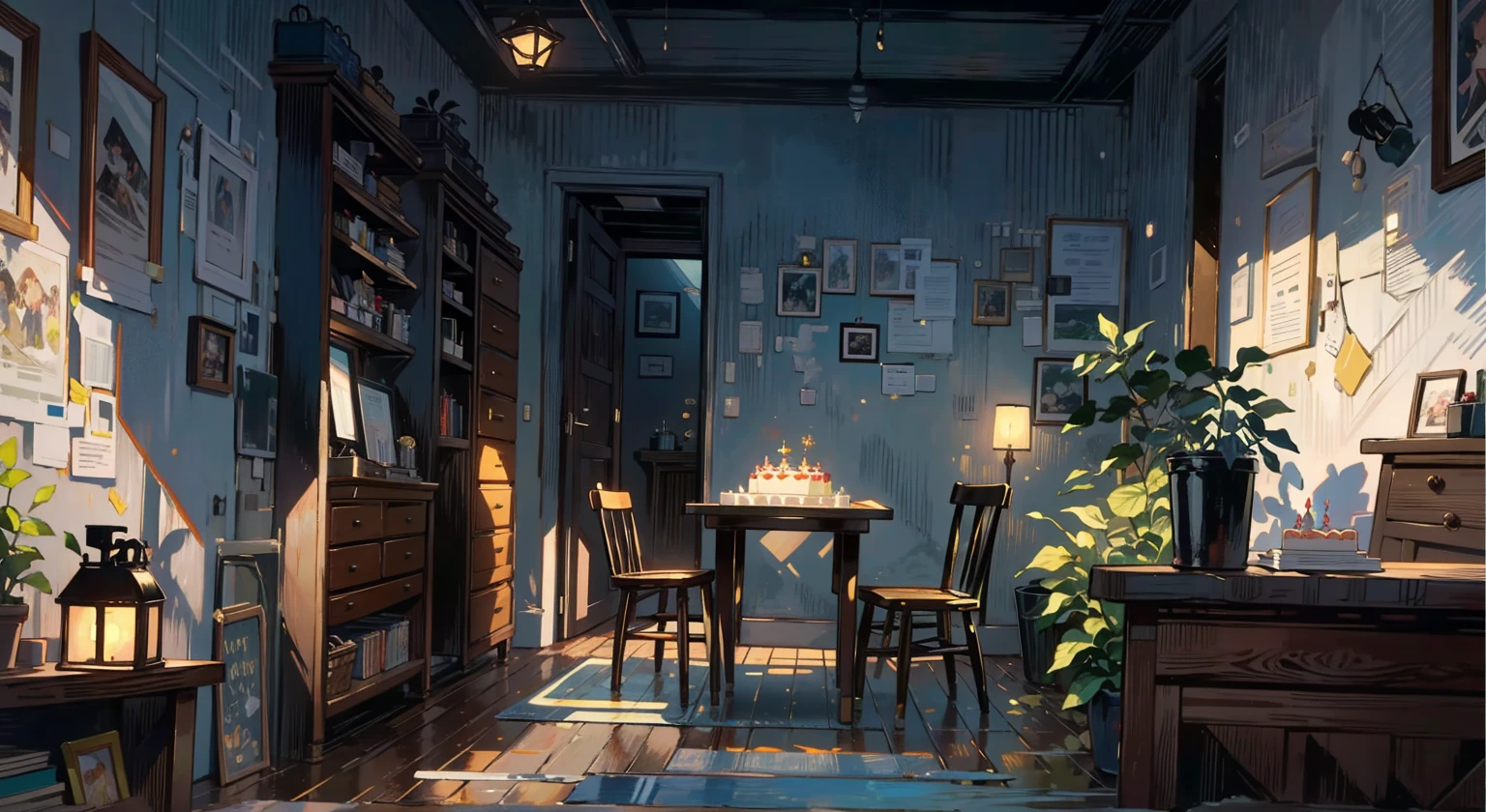 （best quality，masterpiece：1.2，detailed details，4k），A dim old apartment, a small birthday cake on an old wooden table, a modern apartment, an alarm clock on the wall, an anime scene,the wooden floor, 