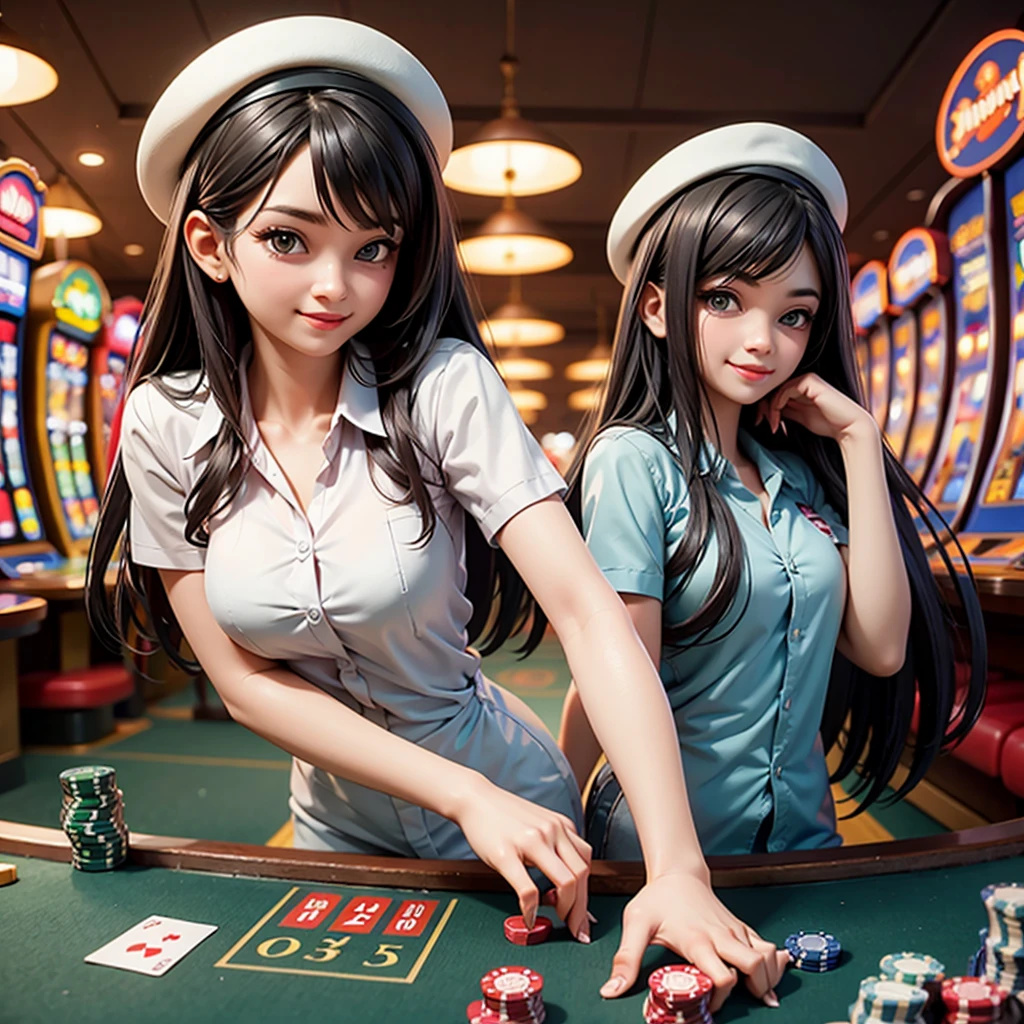 happy and smile, indonesian girl wearing high  gambling in slot machines casino, flirting you, looking at you,