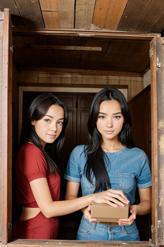 two girl open a box in a old house
