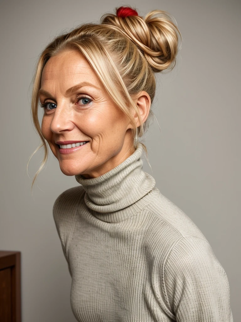 photo of a skinny very old wrinkly-faced faced mature blonde messy long hair thrown into a messy bun ponytail. She wears: (turtleneck soft high ribbed bright red super tight sweater:1.1), submissive seductive pose, high tight ribbed neck, seductive smile, perfect fake tits, horny eager granny, teasing sexy old lady
