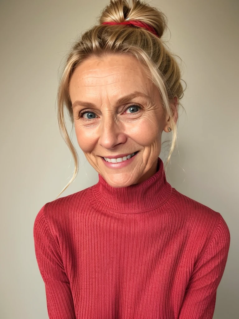 photo of a skinny very old wrinkly-faced faced mature blonde messy long hair thrown into a messy bun ponytail. She wears: (turtleneck soft high ribbed bright red super tight sweater:1.1), submissive seductive pose, high tight ribbed neck, seductive smile, perfect fake tits, horny eager granny, teasing sexy old lady