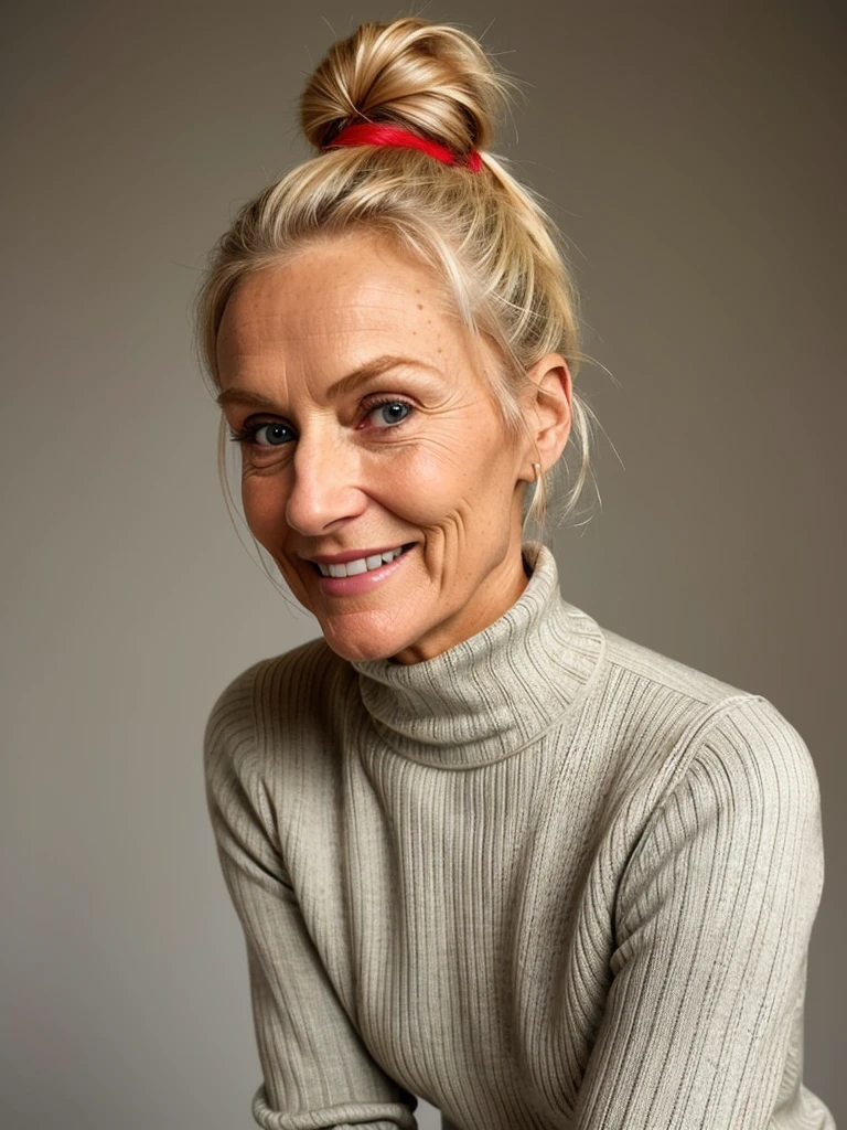 photo of a skinny very old wrinkly-faced faced mature blonde messy long hair thrown into a messy bun ponytail. She wears: (turtleneck soft high ribbed bright red super tight sweater:1.1), submissive seductive pose, high tight ribbed neck, seductive smile, perfect fake tits, horny eager granny, teasing sexy old lady