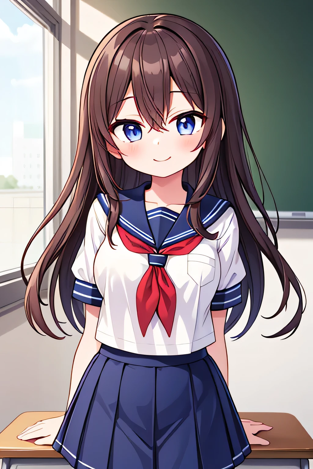 (masterpiece, best quality, ultra hires), 1girl, , brown hair, long hair, hair between eyes, blue purple eyes, medium breasts, BREAK ((school uniform, serafuku):1.0), (white shirt, white sleeves, short sleeves:1.2), (navy sailor collar), (red neckerchief:1.2), sleeve lines, (navy skirt), BREAK cowboy shot, smile, arm behind back, classroom,