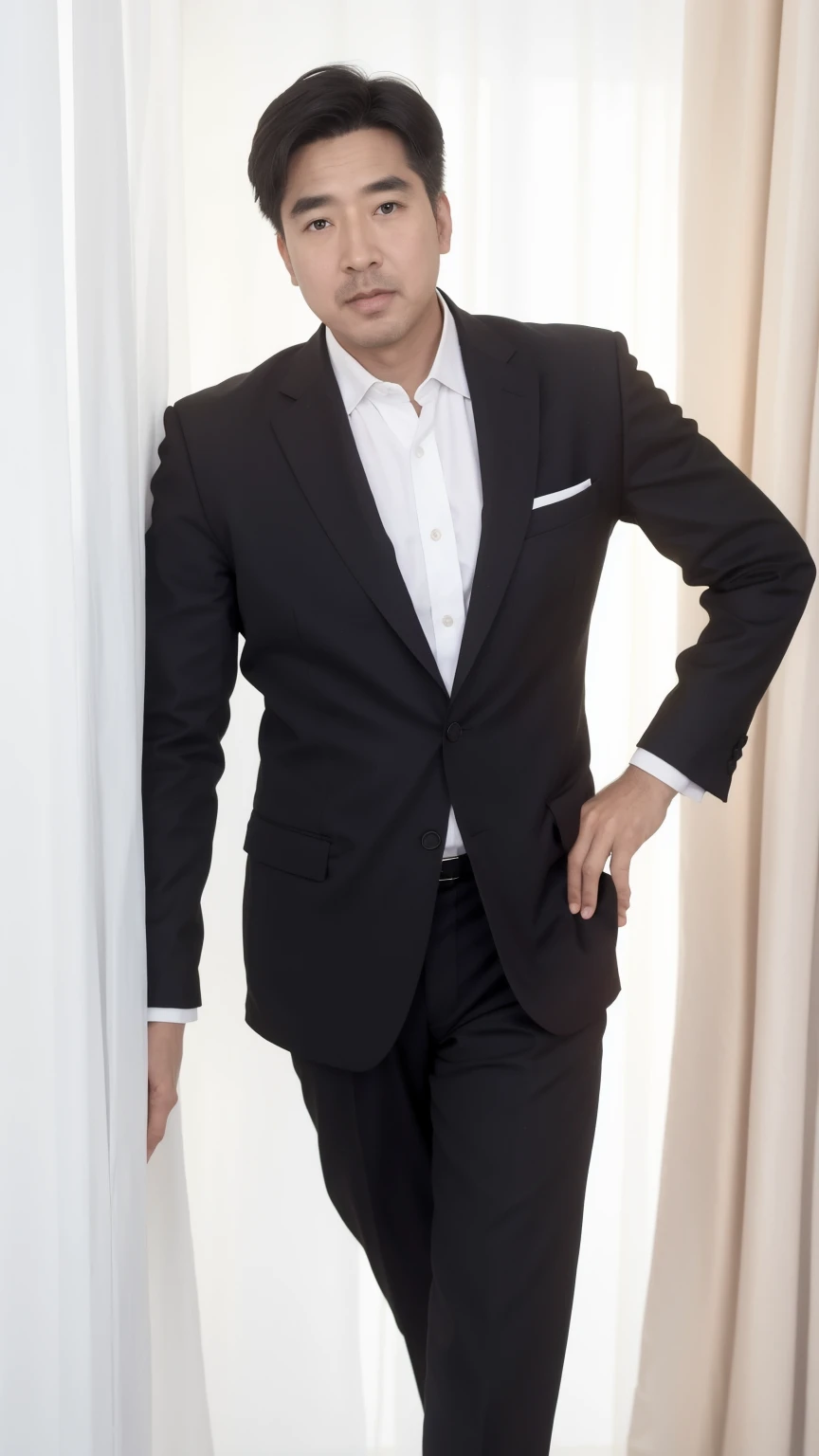 40-year-old male, Soft headlight,High-density imaging,(Thin face),((Black suit)),((Various dynamic poses)),((((Half-length photo)))),((White curtains in the background)),best quality,masterpiece,(Soft colors:1.2)