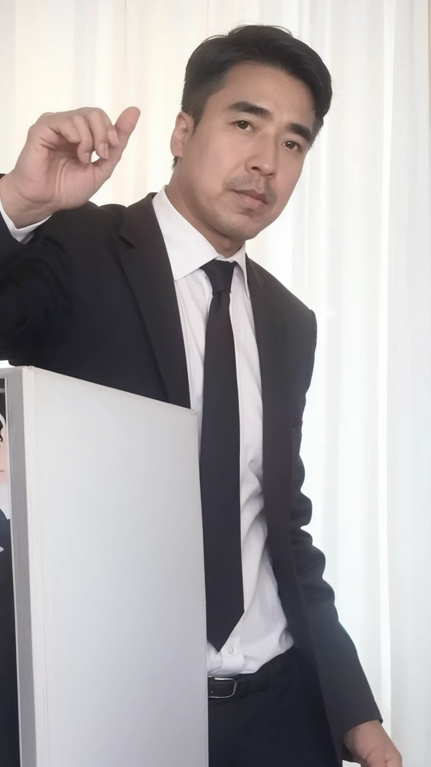 40-year-old male, Soft headlight,High-density imaging,(Thin face),((Black suit)),((Various dynamic poses)),((((Half-length photo)))),((White curtains in the background)),best quality,masterpiece,(Soft colors:1.2)