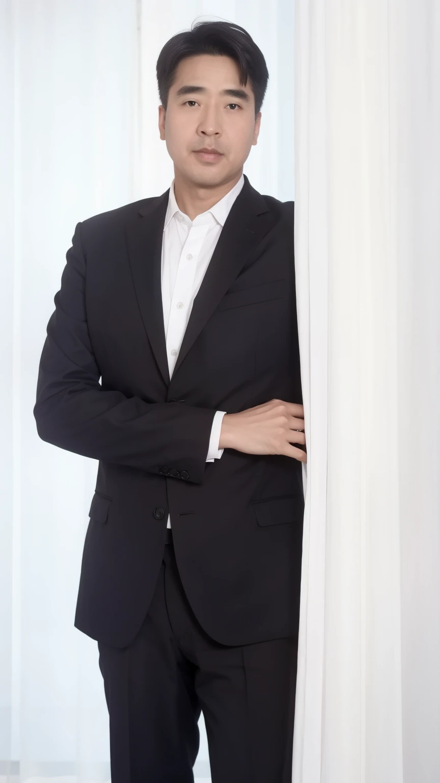 40-year-old male, Soft headlight,High-density imaging,(Thin face),((Black suit)),((Various dynamic poses)),((((Half-length photo)))),((White curtains in the background)),best quality,masterpiece,(Soft colors:1.2)