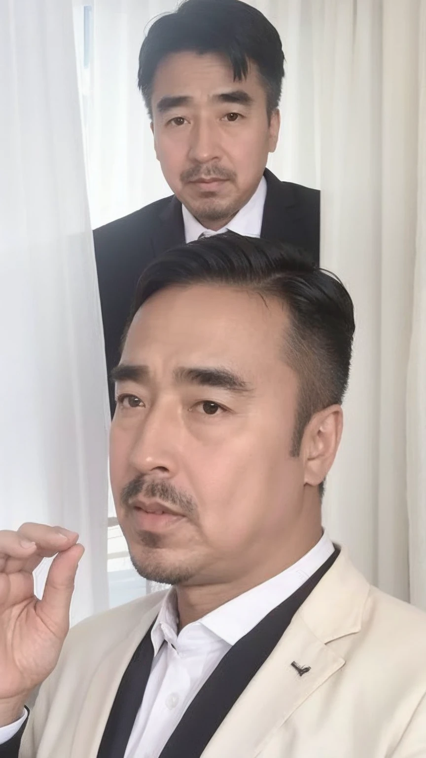 40-year-old male, Soft headlight,High-density imaging,(Thin face),((Black suit)),((Various dynamic poses)),((((Half-length photo)))),((White curtains in the background)),best quality,masterpiece,(Soft colors:1.2)