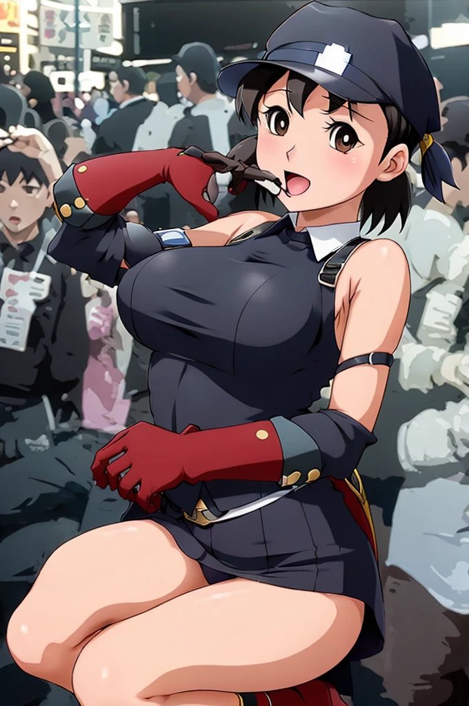 Koneko Toujou (DXD), 1girl, police uniform, police hat, policewoman, big breasts,police station background