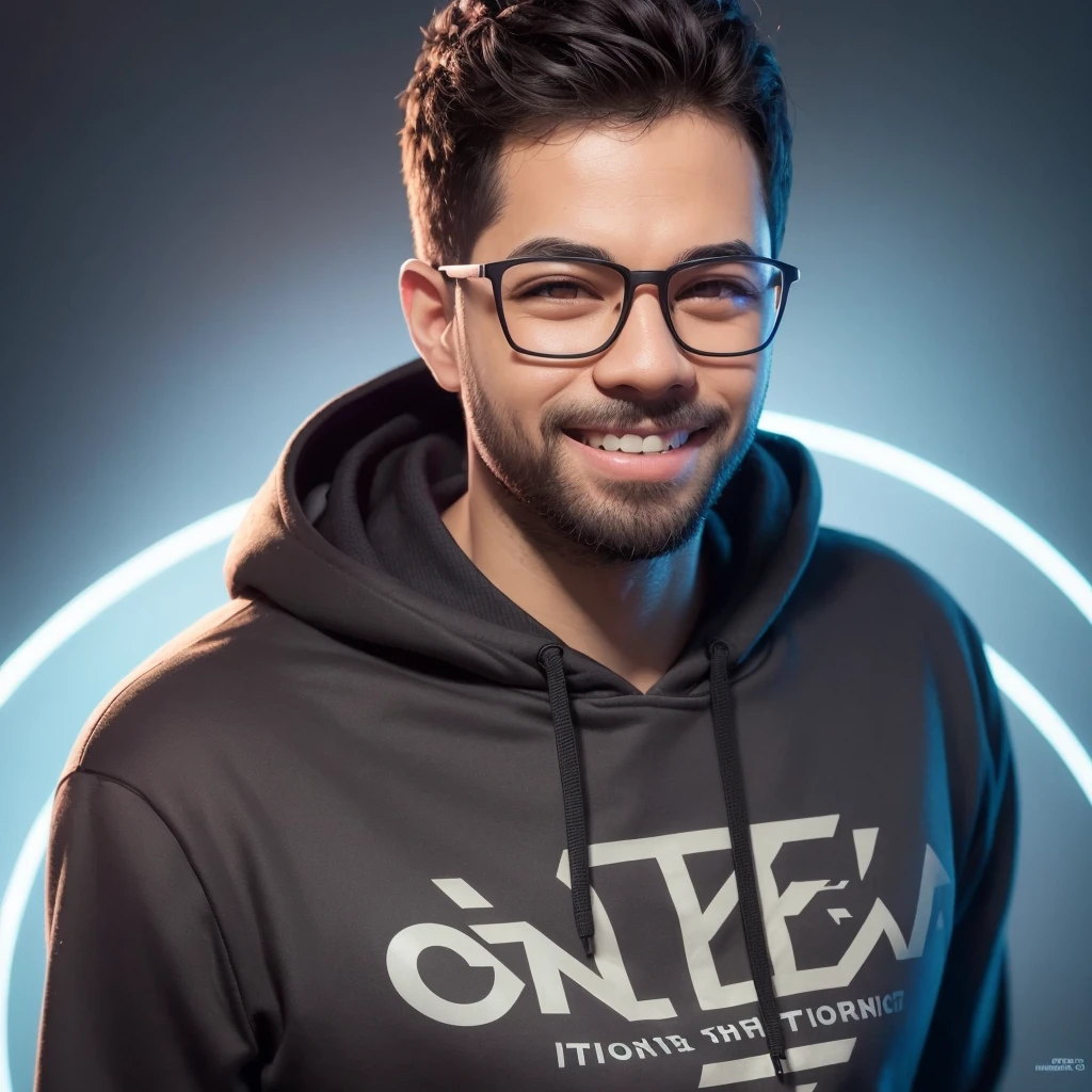 1 man wearing glasses, hoodie, happy smiling expression, detailed portrait, digital art, character design, twitch streamer, avatar, nft, high quality, cinematic lighting, vibrant colors, intricate details, photorealistic, hyper detailed, trending art style