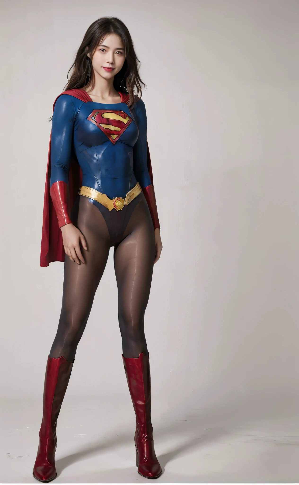 No background、(((Beautiful legs in black tights.)))、(((Legally express the beauty of your smile)))、((((Make the most of your original images)))、(((Body-hugging Supergirl costume)))、(((Supergirl Costume)))、(((Beautiful Hair)))、(((suffering)))、(((Please wear black tights....、Wear red boots)))、((Best image quality、8K))、((Highest quality、8K、masterpiece:1.3))、(((Preserve background )))、Sharp focus:1.2、Beautiful woman with perfect figure:1.4、Slim Abs:1.2、Wet body:1.5、Highly detailed face and skin texture、8K