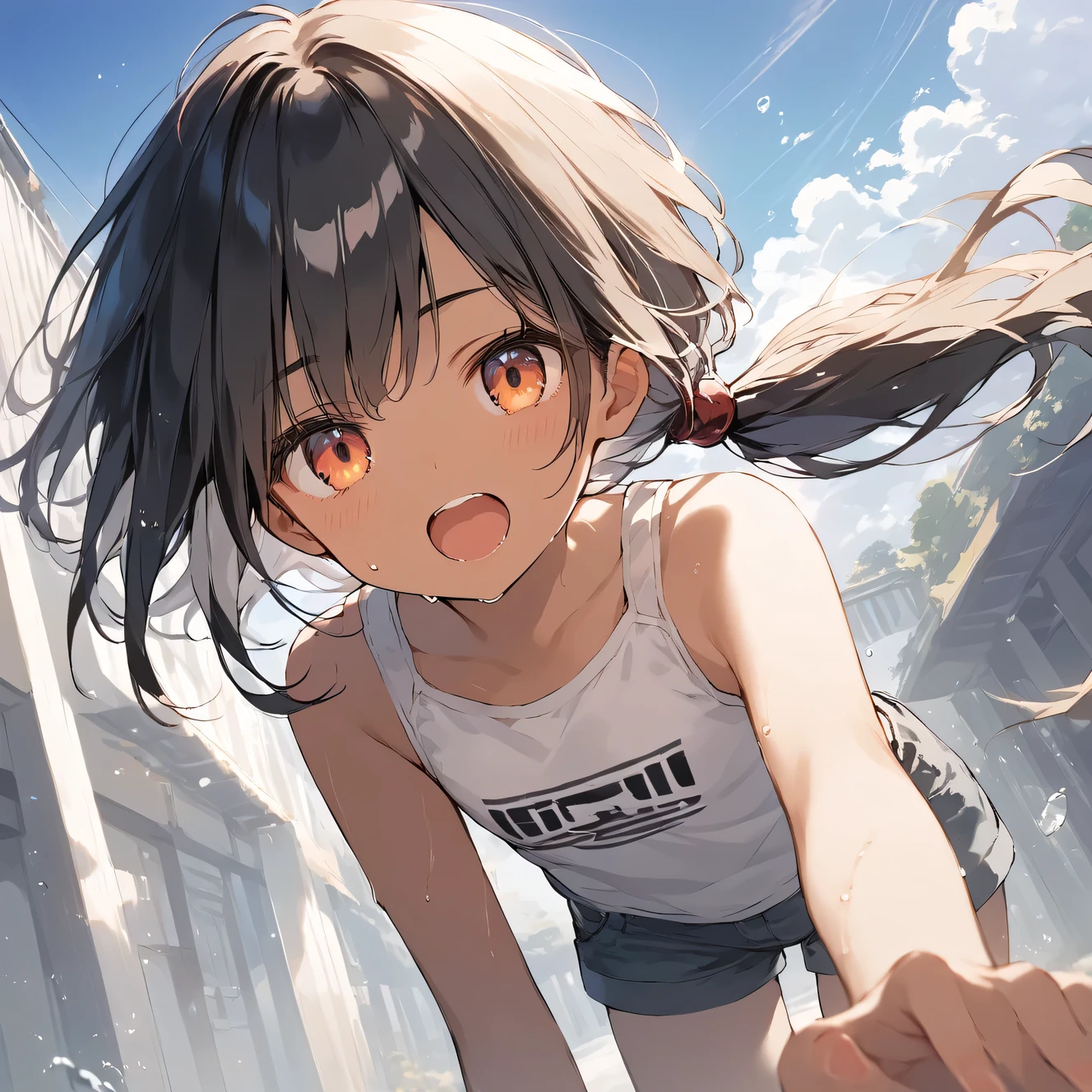 score_9, score_8_up, score_7_up, source_anime, best quality, masterpiece, official art, absurdres, highres, ultra-detailed,waifu2x,Collection: Slice of Life,break,1girl, tomboy, dark-skinned female, short hair, low ponytail, flat ,  beautiful detailed eyes, short shorts, sweat, open mouth, (yawn:0.3), sleepily, outdoors, wind, break,(clear line illustration:1.2),very high resolution, very aesthetic, super detailed skin, Best  lighting powered by famous artist, 8k,cute picture,beauty illustration,photoshop_(medium),,(Detailed Lighting),best anime 8k konachan wallpaper, pixiv contest winner, 