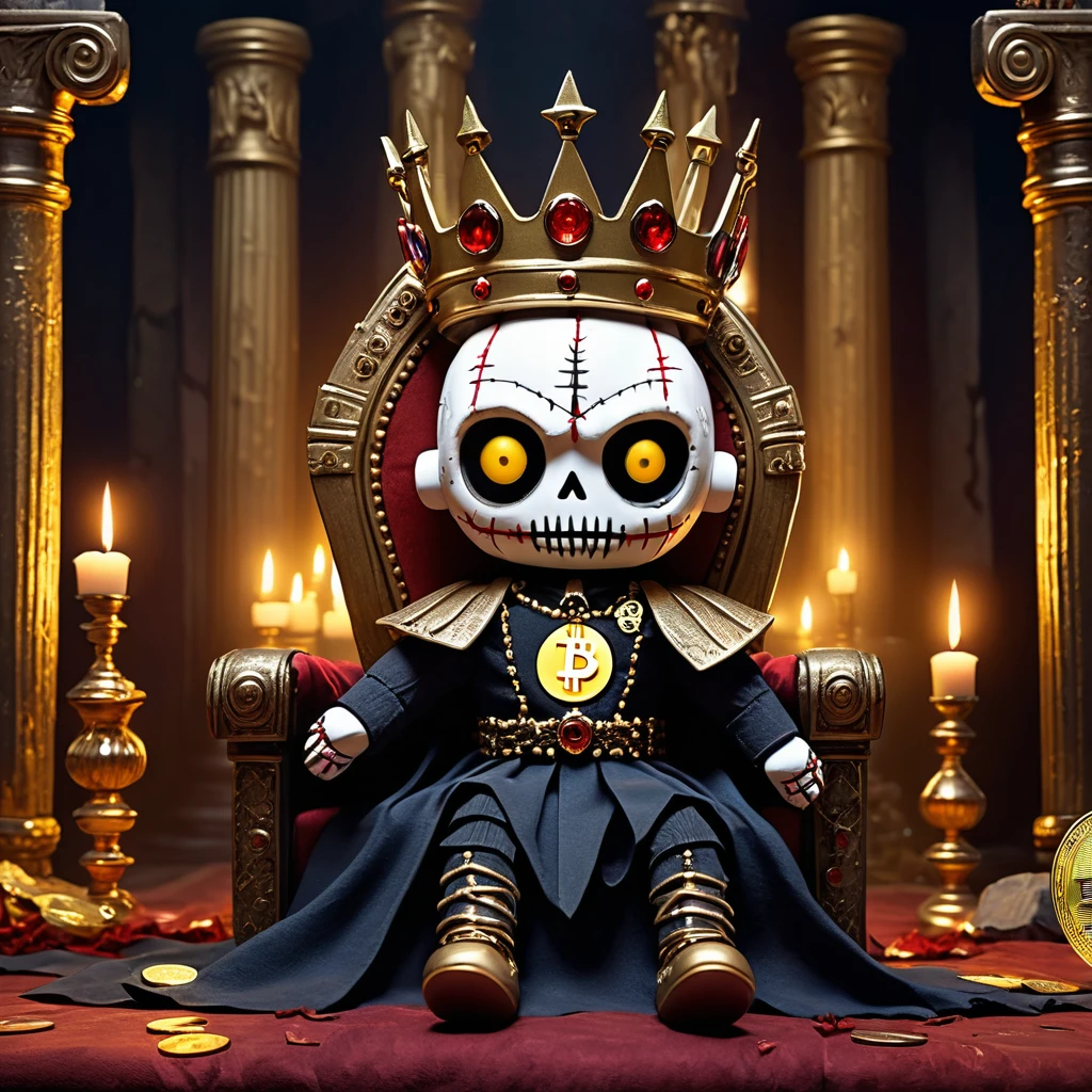 (knitted toy voodoo doll:1.8), (voodoo king:1.3), (clothes torn royal cloak, dark crown, golden scepter:1.2), (with bitcoin coin:1.8), (sitting on throne:1.4), (in the background ruined throne room, fallen columns, moonlight:1.3), gothic atmosphere, best quality, masterpiece, detailed soft oil painting, detailed background, dramatic cinematic lighting, soft edge lighting, professional, dramatic lighting, hard edge lighting, ultra quality, 4k, masterpiece, best quality, 8k, ultra high definition, high resolution, extremely detailed