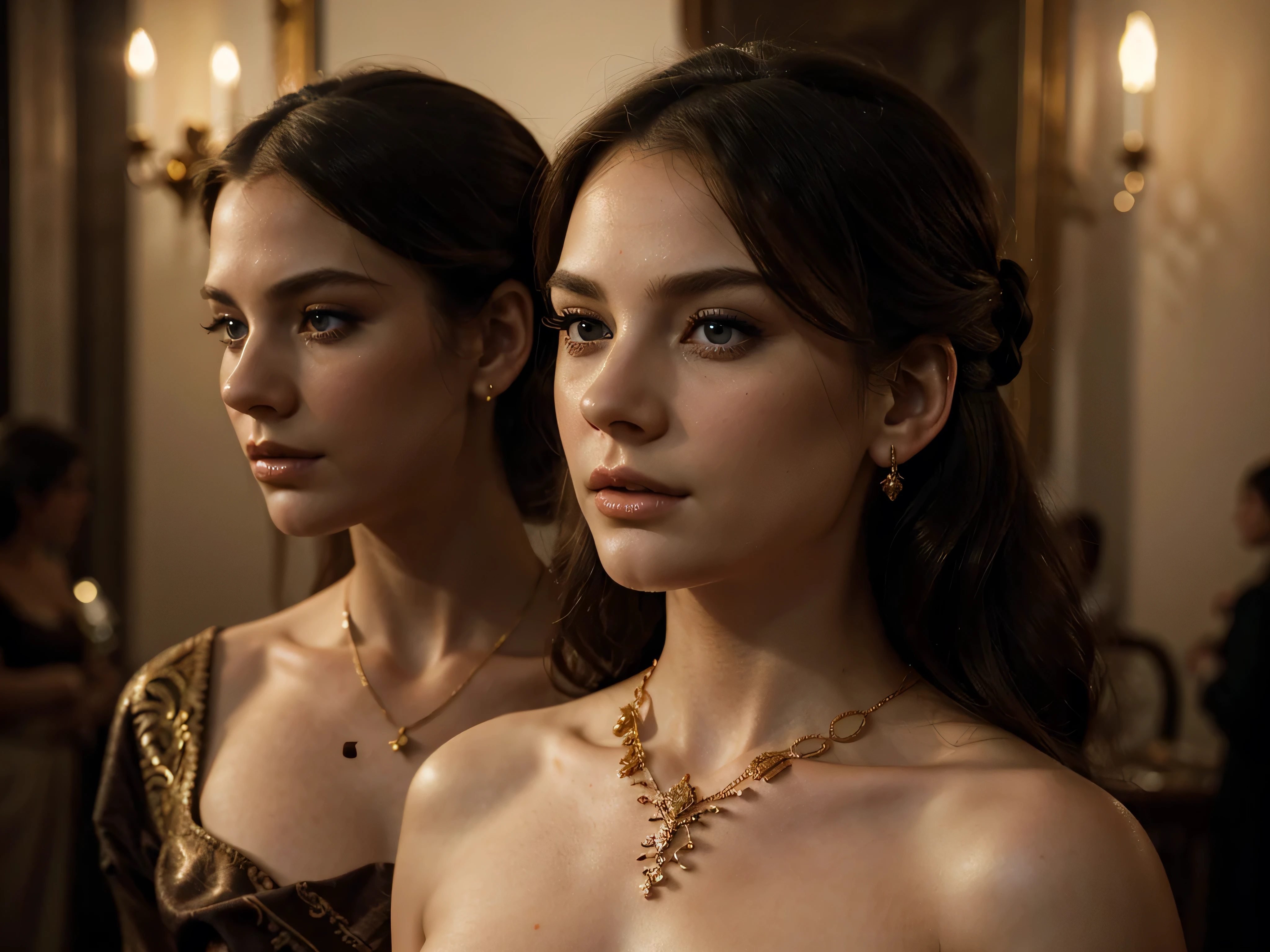 A chiaroscuro portrait of a woman, beautiful detailed eyes, beautiful detailed lips, extremely detailed eyes and face, long eyelashes, porcelain skin, elegant hairstyle, intricate jewelry, dramatic lighting, Renaissance style, dramatic shadows, warm golden tones, dramatic chiaroscuro lighting, ultra-detailed, 8k, photorealistic, masterpiece, cinematic, dramatic atmosphere, elegant and regal