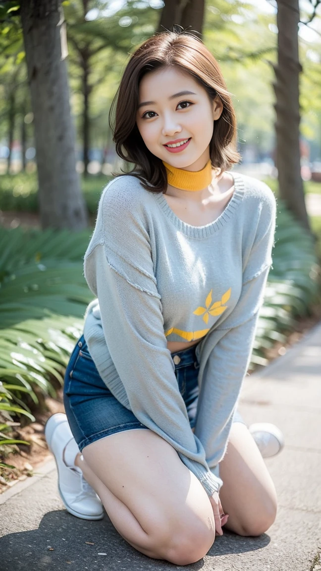 (Skin blemishes:1.2), (Skin Indentation), Dark circles, 1Missl, 25 years old, (((Miss))), Solitary, Practical, best quality, Reality, proficient, 8K, high resolution, Solitary, Extremely detailed face, (Professional lighting,Bokeh),(Light Particles,lens flare,Glowing particles:0.6),(Dynamic poses:1.2),Soft Lighting,Top angle view,fashionable atmosphere, (A girl in the forest),((During the day)), sky sky, ((Looking at the audience:1)), (Looking at the camera), Gorgeous, stand up, Maintain original facial proportions, Shave your shoulders, Full Body Love, (Medium chest), (Short and delicate hair), Brown hair, Flutter, Open lips, Lipstick, 迷人的Smile, Smile, Open your mouth, teeth, (Blue grey tight sweater), (White)(Business Mini Skirt), eyelash, birthmark, (Mole under the eye: 1),Proportionate legs, Thin and white,A pair of lotus feet,White and tender,No shoes,Delicate and beautiful feet,Full body image