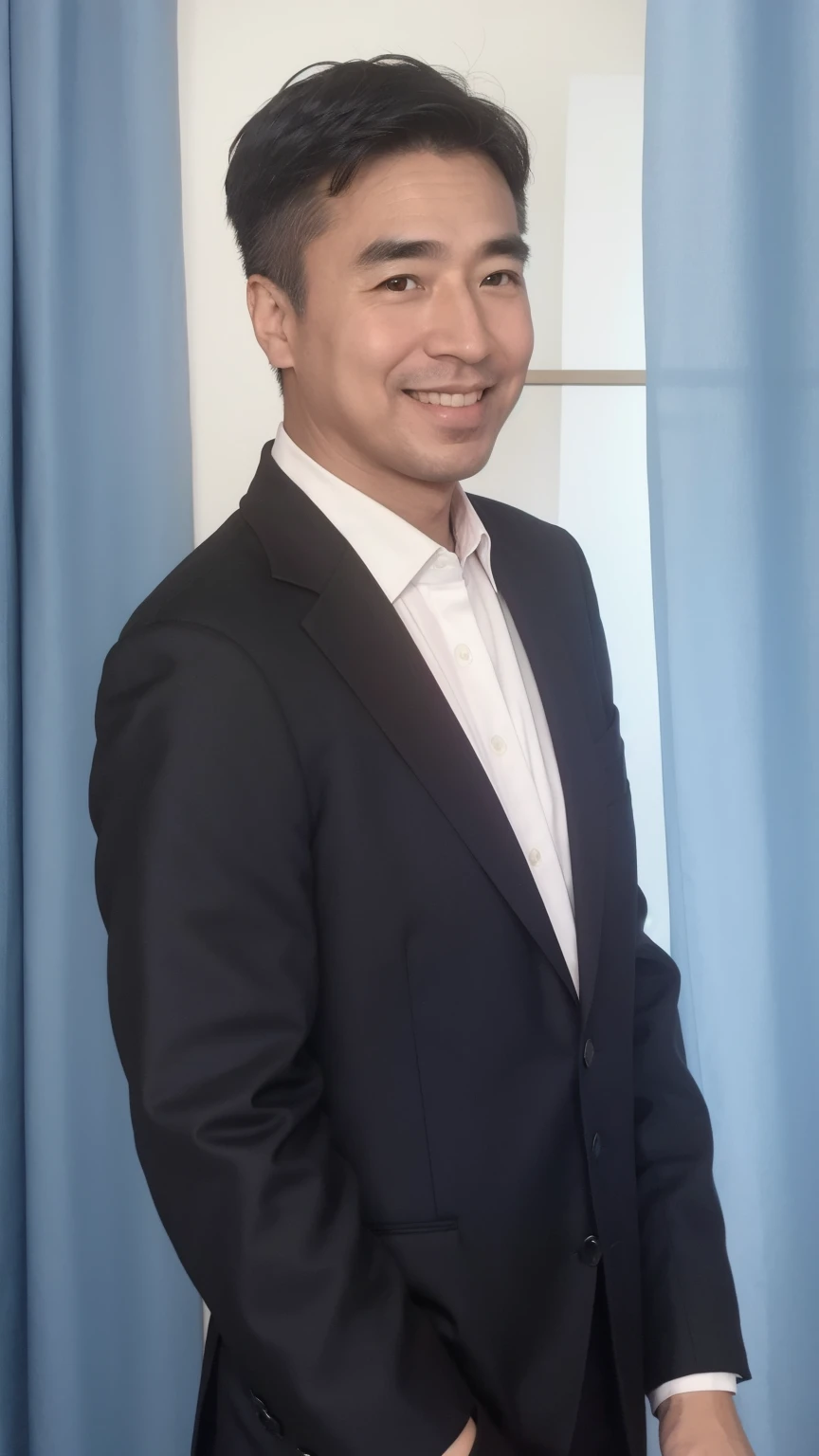40-year-old male, Soft headlight,High-density imaging,(Clean and delicate face),((Black suit)),((Look diagonally ahead)),((((Half-length photo)))),((Smile)),((The background is a blue curtain)),best quality,masterpiece,(Soft colors:1.2)