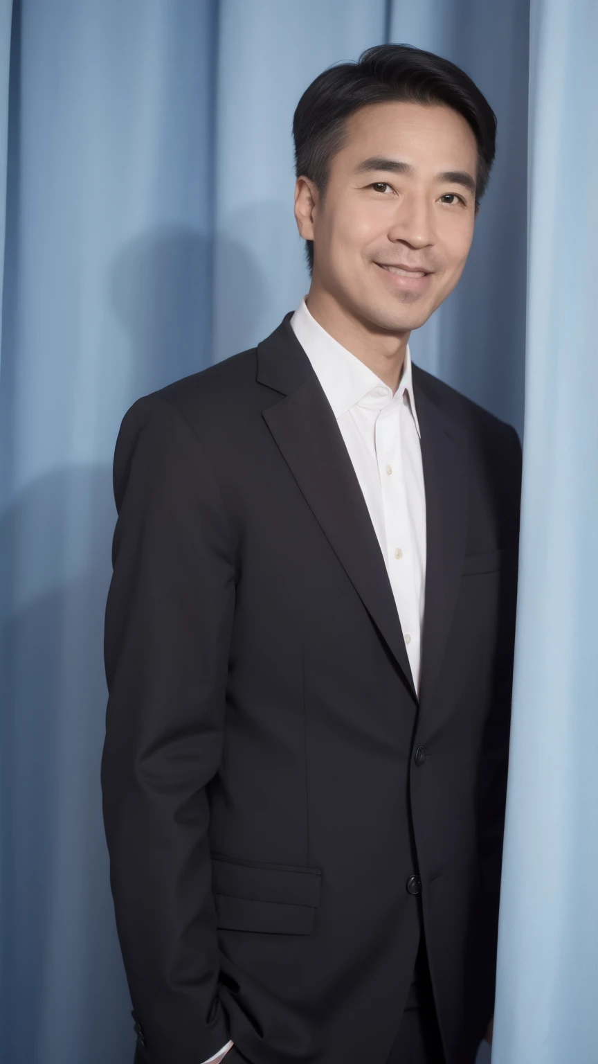 40-year-old male, Soft headlight,High-density imaging,(Clean and delicate face),((Black suit)),((Look diagonally ahead)),((((Half-length photo)))),((Smile)),((The background is a blue curtain)),best quality,masterpiece,(Soft colors:1.2)