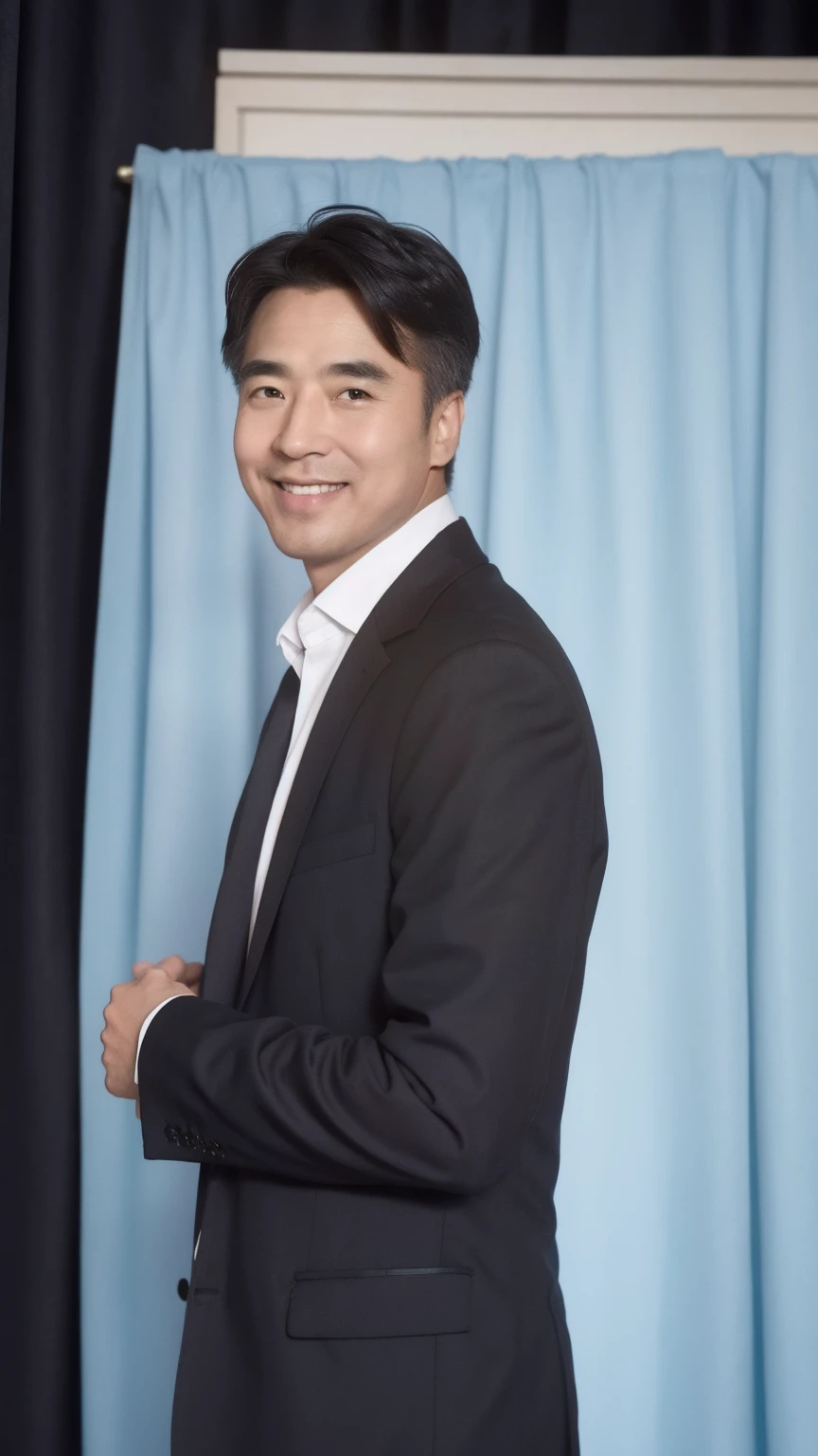 40-year-old male, Soft headlight,High-density imaging,(Clean and delicate face),((Black suit)),((Look diagonally ahead)),((((Half-length photo)))),((Smile)),((The background is a blue curtain)),best quality,masterpiece,(Soft colors:1.2)
