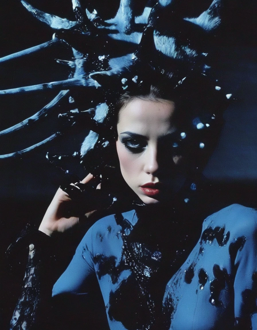 film photography, vintage, fashion shoot of female horror monster, blue dark background