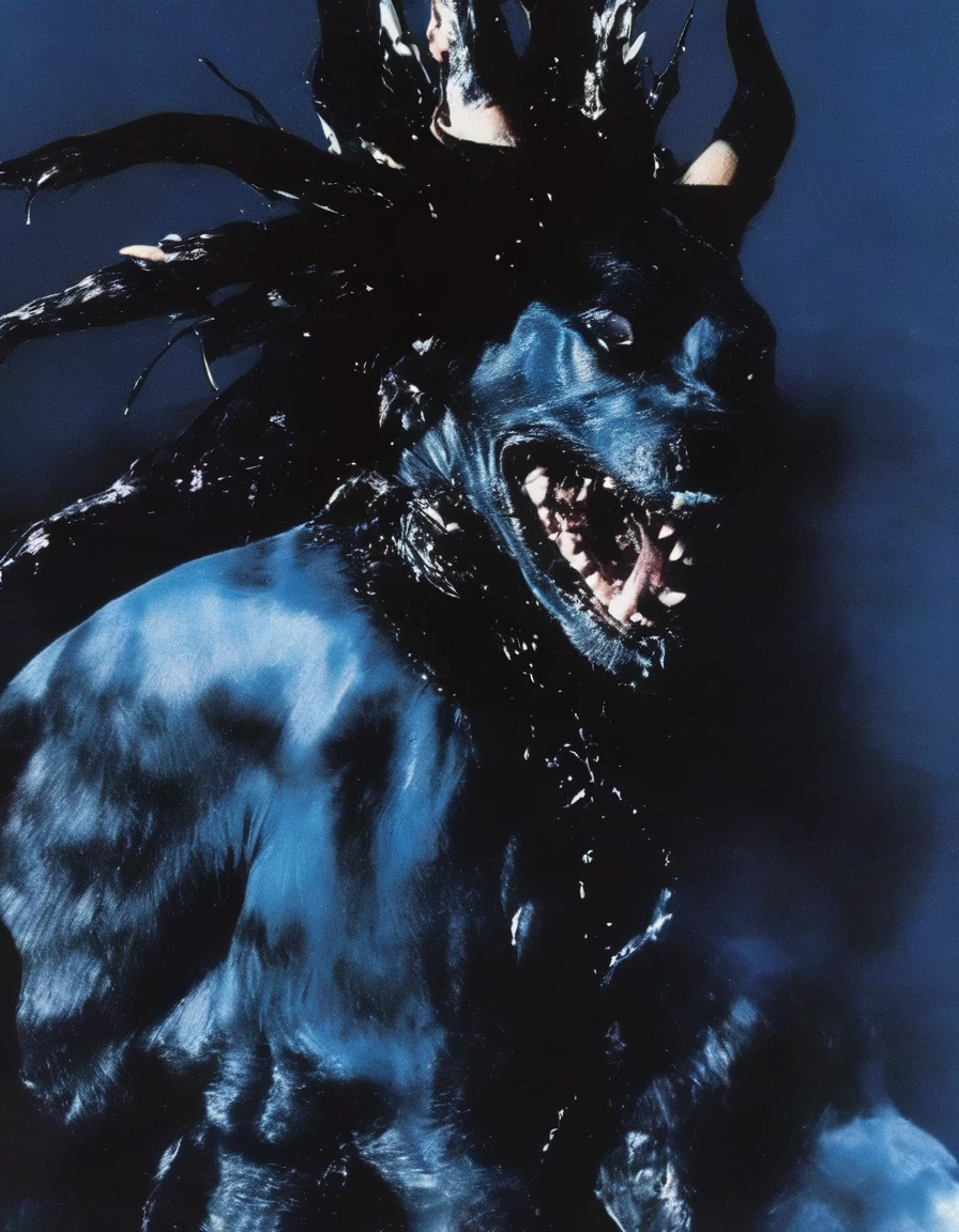 film photography, vintage, fashion shoot of female horror monster, blue dark background
