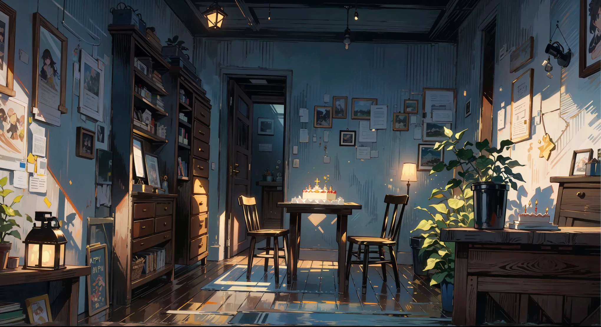 （best quality，masterpiece：1.2，detailed details，4k），A dim old apartment, a small birthday cake on an old wooden table, a modern apartment, an alarm clock on the wall, an anime scene,the wooden floor, 