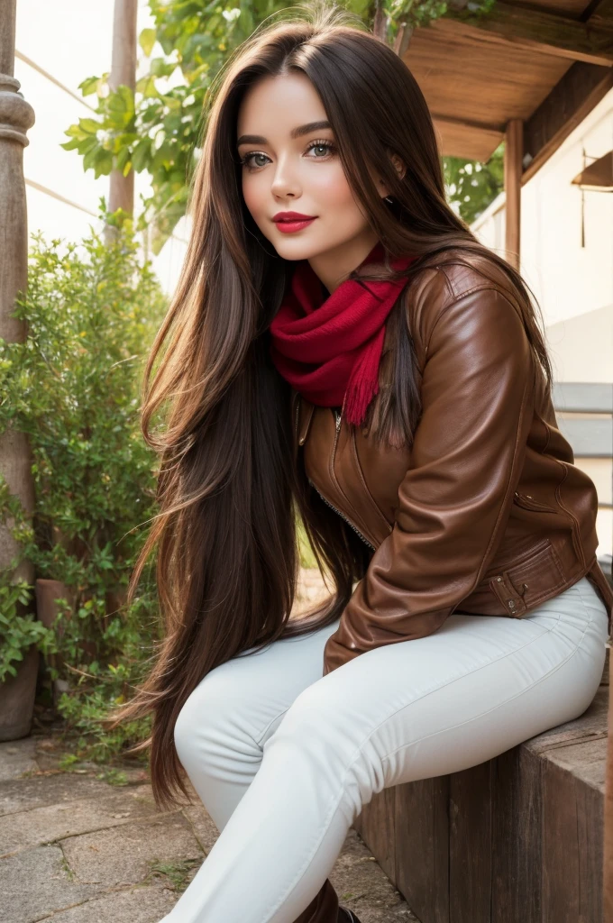 Casual photograph, best quality, 8K, hyper detailed, full body, A close up portrait of a Gorgeous, charming, alluring, graceful, majestic, classy, stylish, flowing super long brown haired argentinian woman. Flowing hair, silky hair, glowing hair, ethereal argentinian beauty, exotic argentinian beauty, timeless argentinian beauty, dream argentinian beauty. She has the cutest face, beaming countenance, fair porcelain skin, soft make-up, red lipstick, she is wearing a black leather jacket, sweater, scarf, skinny trousers, and boots. She's glad, happy, cheerful, joyful, angelical face, angelical beauty. Affectionate woman, tenderness and delicacy in person. She's at garden, having a coffee.