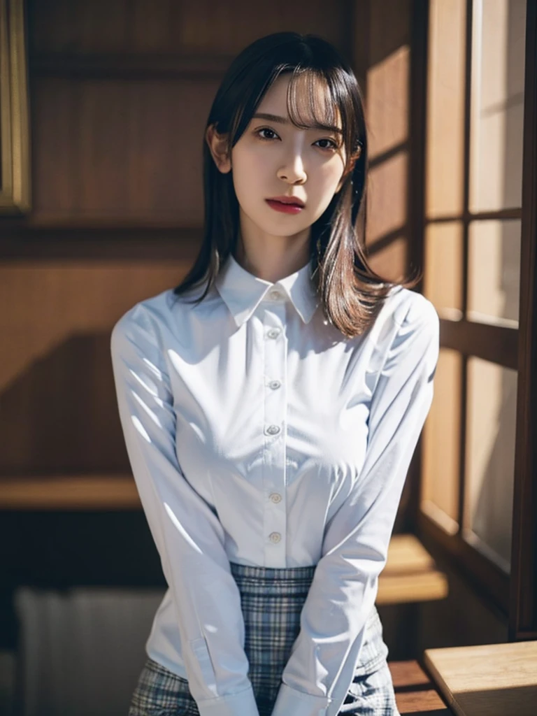 1girl, woman, masterpiece, best quality, highest quality, cinematic lighting, (volumetric lighting), extremely detailed CG unity 8k wallpaper, focused, 8k wallpaper, extremely detailed, ultra realistic, photorealistic, sharp focus, absurdres, (HDR:1.2), (high contrast), photograph, detailed and intricate, instagram, portrait, highly detailed, digital painting, artstation, concept art, smooth, sharp focus, illustration, cinematic lighting, (big breast:1.2), (whole body:1.2), white collar shirt, open shirt, open the button, show thigh, mini skirt, ((full body)), looking at the viewer.