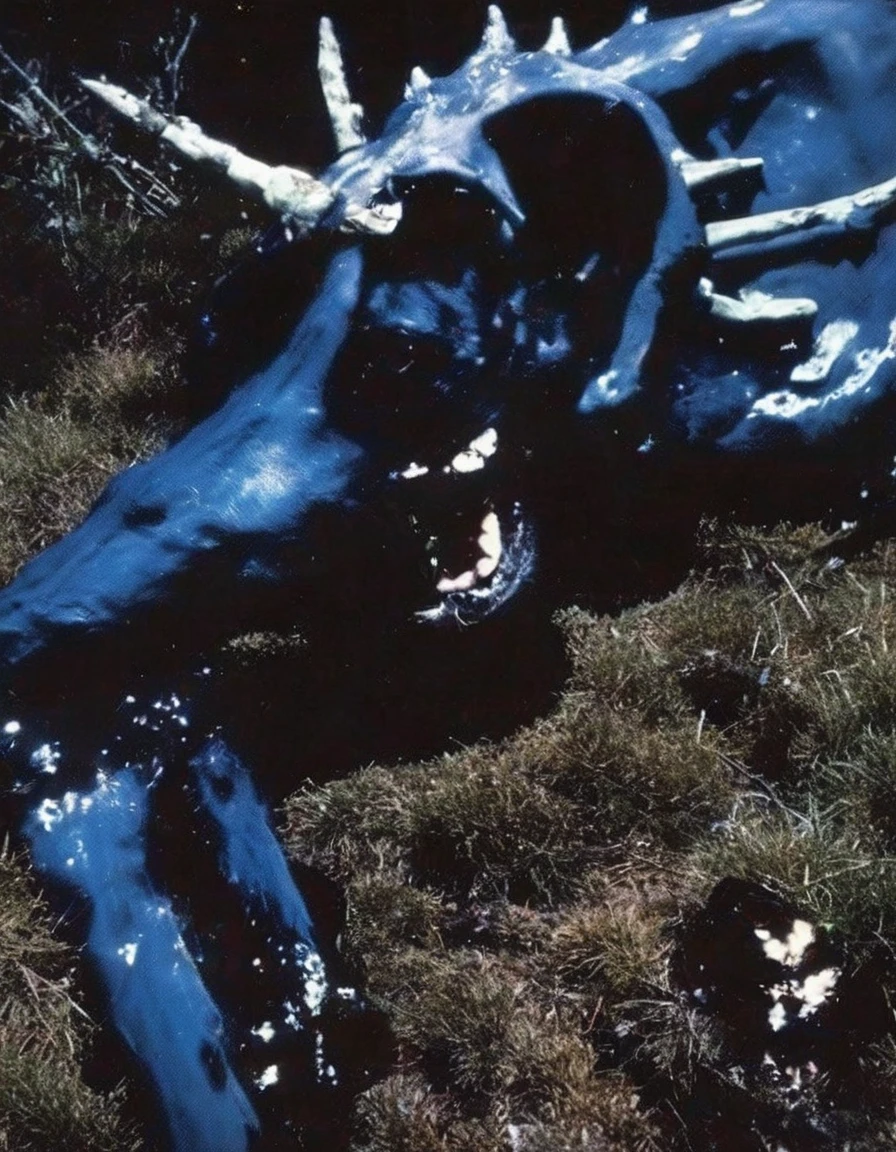 film photography, vintage, arthouse shoot of horror items in dark blue night forest