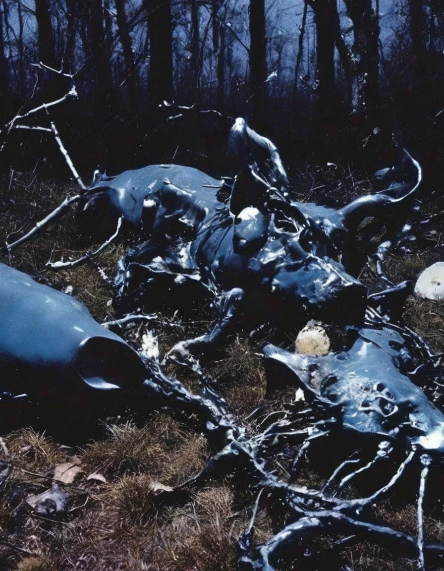 film photography, vintage, arthouse shoot of horror items in dark blue night forest