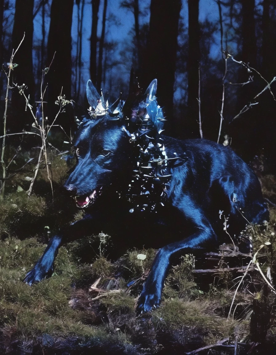 film photography, vintage, arthouse shoot of horror items in dark blue night forest