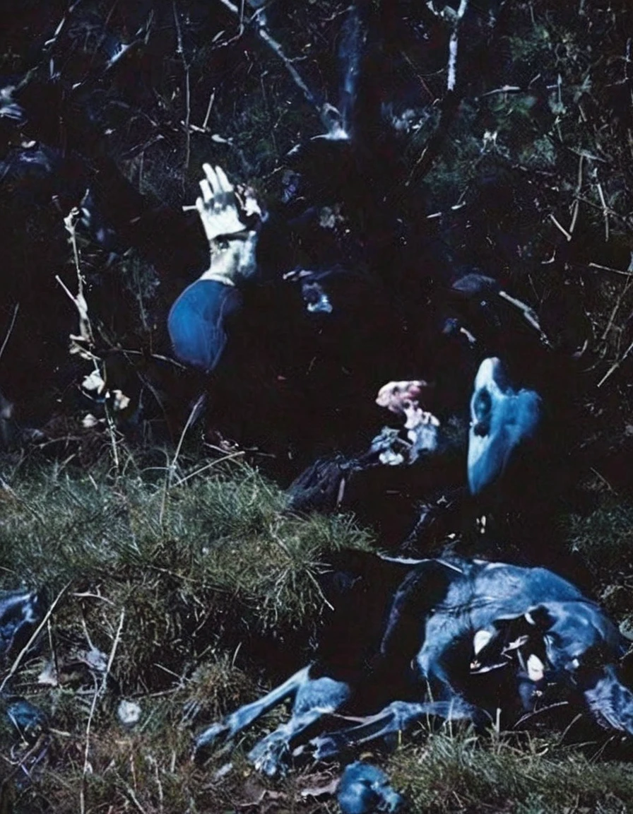 film photography, vintage, arthouse shoot of horror items in dark blue night forest