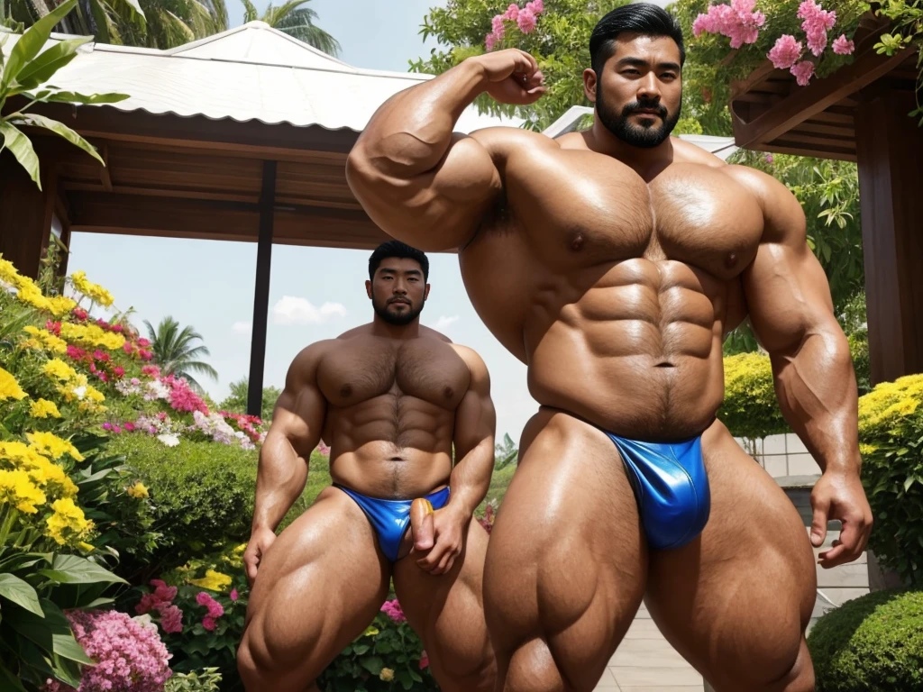 There is only one handsome Asian actor in the picture,30 years old,Tall and handsome, Toned body,short hair, O-Shaped Beard,Perfect body, Dark skin,Glowing skin,Smooth skin,The body is hairless,Muscle bulge, Muscular, Very large pectoral muscles,Very sexy abdominal muscles,Very well-developed leg muscles,Huge concave and convex area,Brightens oily skin,Wearing a gold leather shiny thong,Handsome face, Correct and accurate male body proportions, Stand among the flowers。