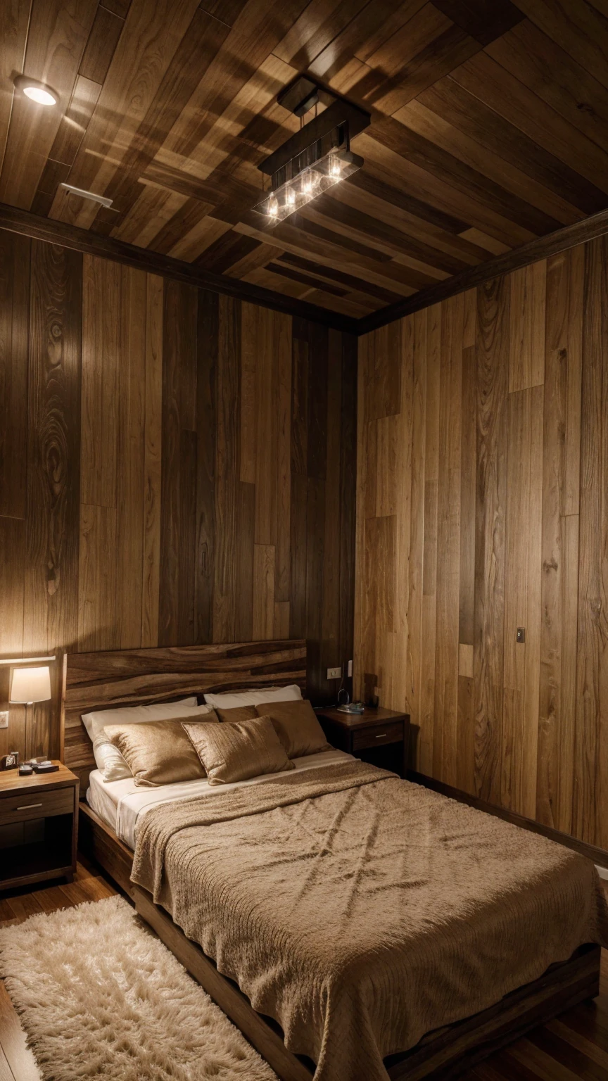 best quality, ultra high res, realistic style room realistic style room, lighting, plain Wood walls , modern bedroom
