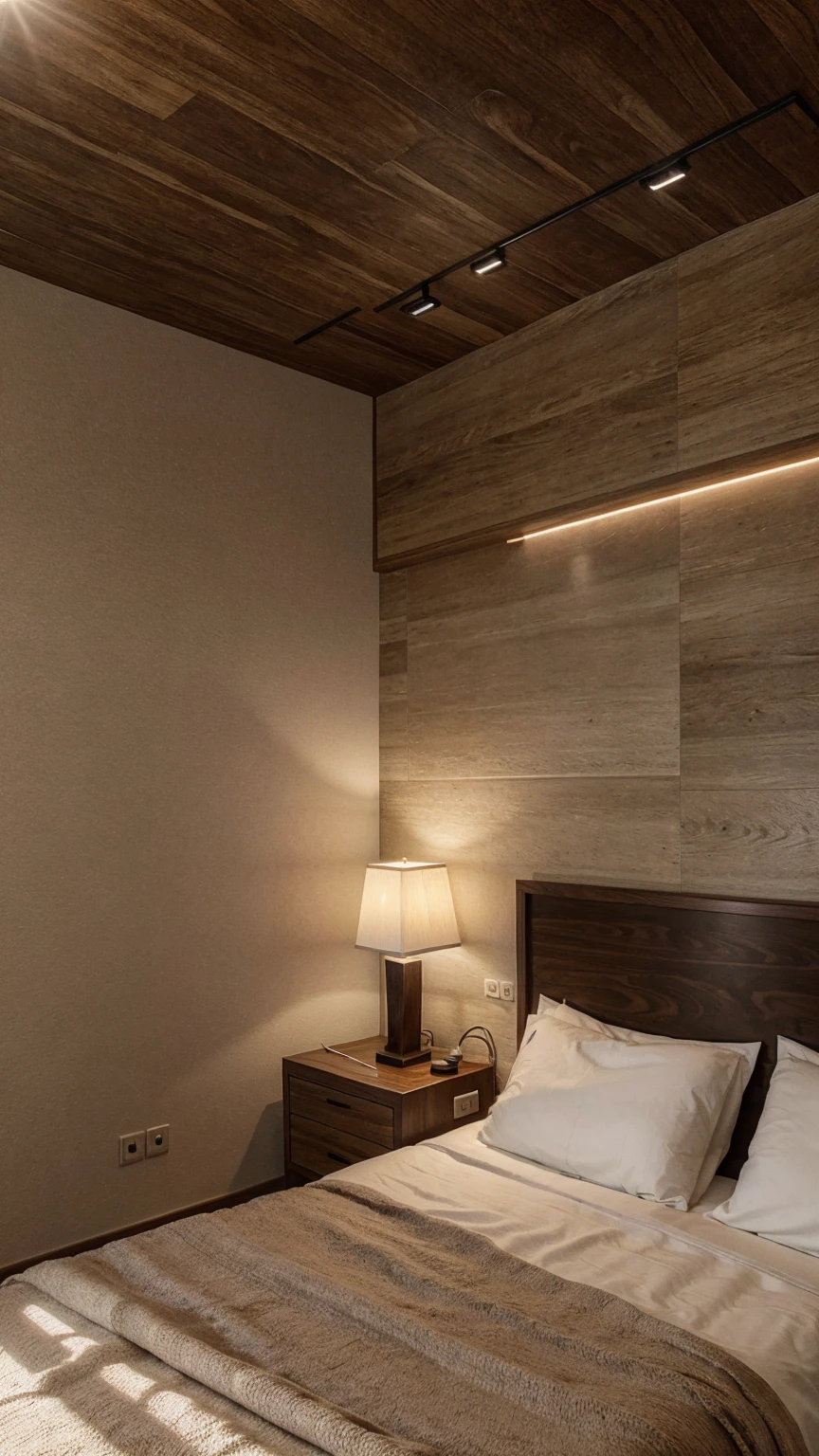 best quality, ultra high res, realistic style room realistic style room, lighting, plain Wood walls , modern bedroom