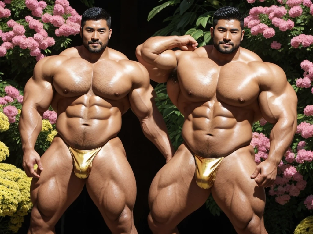 There is only one handsome Asian actor in the picture，30 years old，Tall and handsome, Toned body，short hair, O-Shaped Beard，Perfect body, Dark skin，Glowing skin，Smooth skin，The body is hairless，Muscle bulge, Muscular, Very large pectoral muscles，Very sexy abdominal muscles，Very well-developed leg muscles，Huge concave and convex area，Brightens oily skin，Wearing a gold leather shiny thong，Handsome face， Correct and accurate male body proportions, Stand among the flowers。
