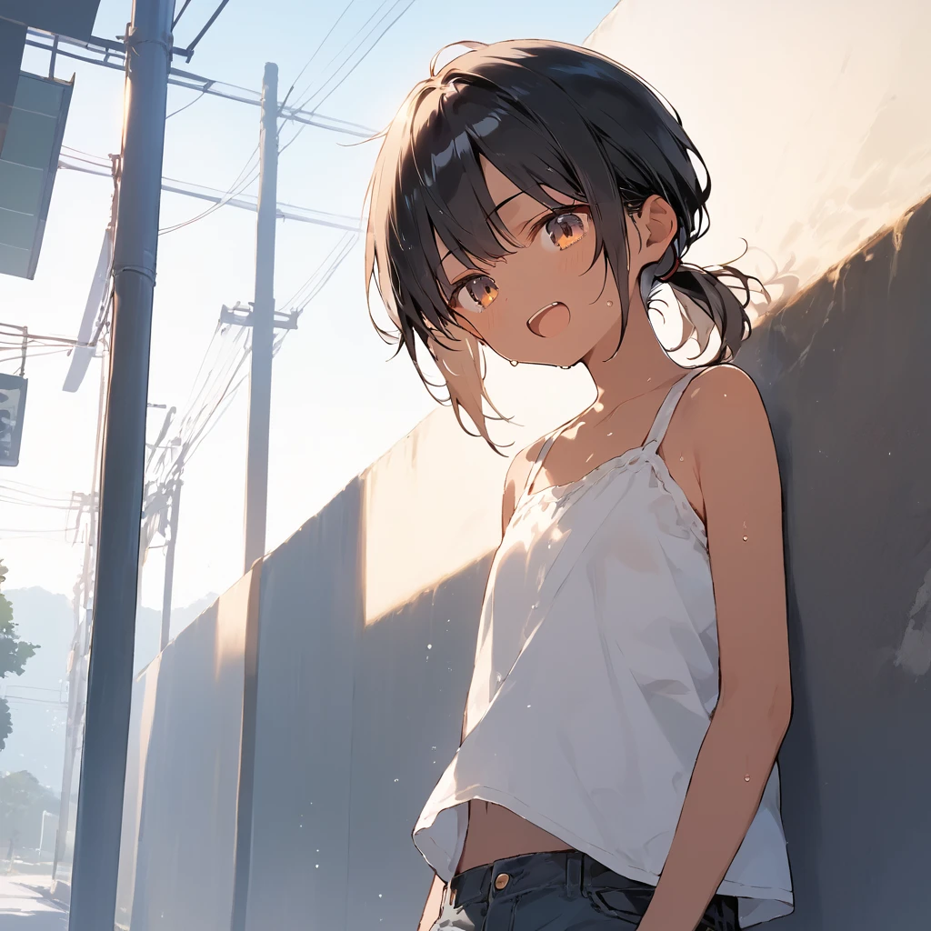 score_9, score_8_up, score_7_up, source_anime, best quality, masterpiece, official art, absurdres, highres, ultra-detailed,waifu2x,Collection: Slice of Life,break,1girl, tomboy, dark-skinned female, short hair, low ponytail, flat chest,  beautiful detailed eyes, short shorts, sweat, open mouth, (yawn:0.3), sleepily, outdoors, wind, break,(clear line illustration:1.2),very high resolution, very aesthetic, super detailed skin, Best sexual lighting powered by famous artist, 8k,cute picture,beauty illustration,photoshop_(medium),,(Detailed Lighting),best anime 8k konachan wallpaper, pixiv contest winner, 