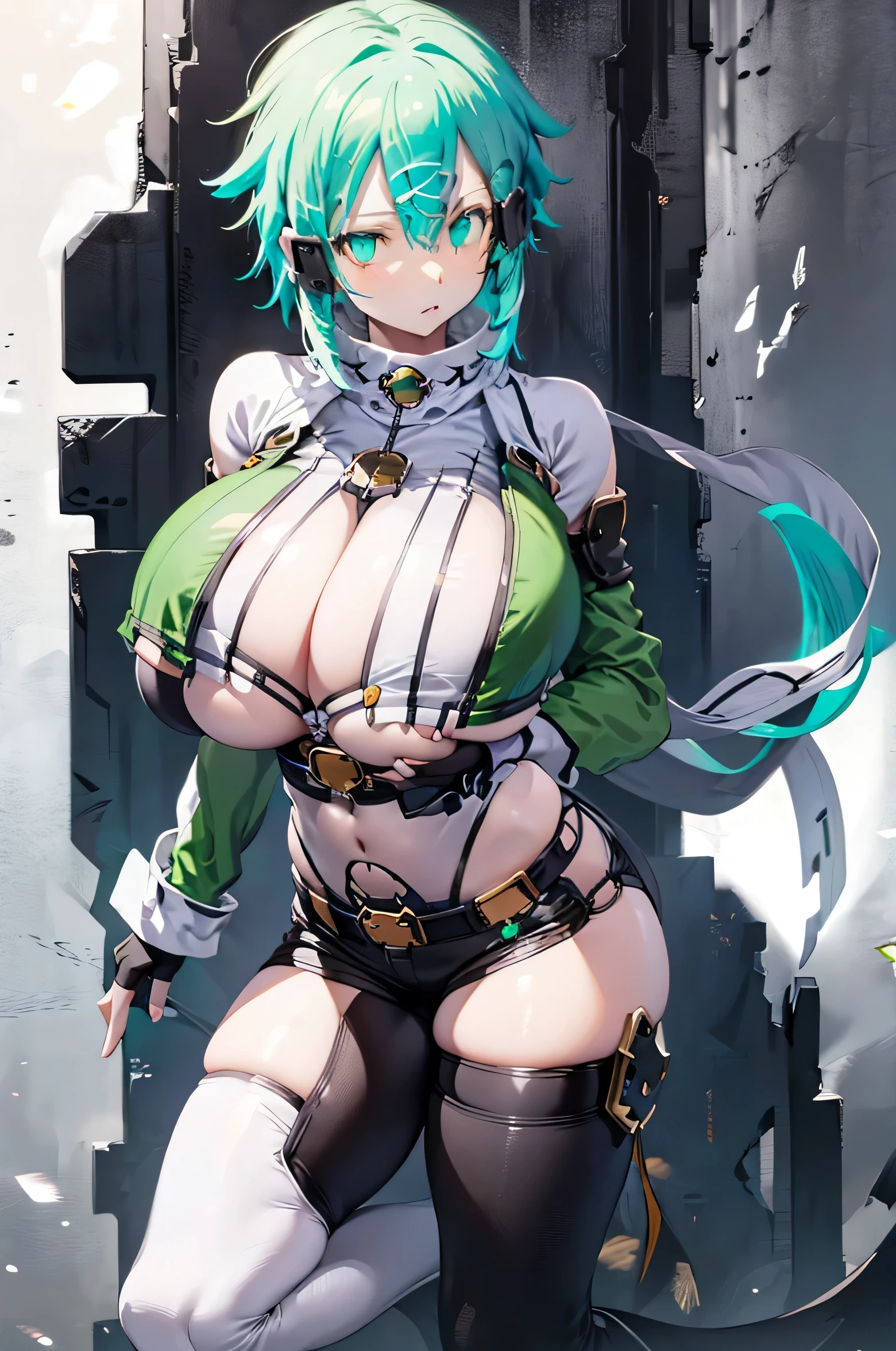 Chinon 1, (((Sinon-GGO))),  Shinono, Long hair short hair, Hair between the eyes, Side Lock, Huge breasts, Revealing clothing, Blue clothes, gloves, Thighs Thighs Thighs Thighs, (Off the shoulder, Bare shoulders), (Underbust:1.5), (abdomen, belly button, String), Chinon 1, scarf, fingerless gloves, Long sleeve, Short shorts, hair ornaments, Barrette, green Thighs Thighs Thighs Thighs, Green jacket, thigh strap Huge breasts, 溢れるLong chest, Huge breasts, Abnormally large, Unusually big breasts, Long chest、Lower Breast, ((Highest quality)), ((R-18)), (Dirty pervert), (Huge breasts:2.0), One girl, Erotic squatting, Erotic Costumes, Exposing breasts,