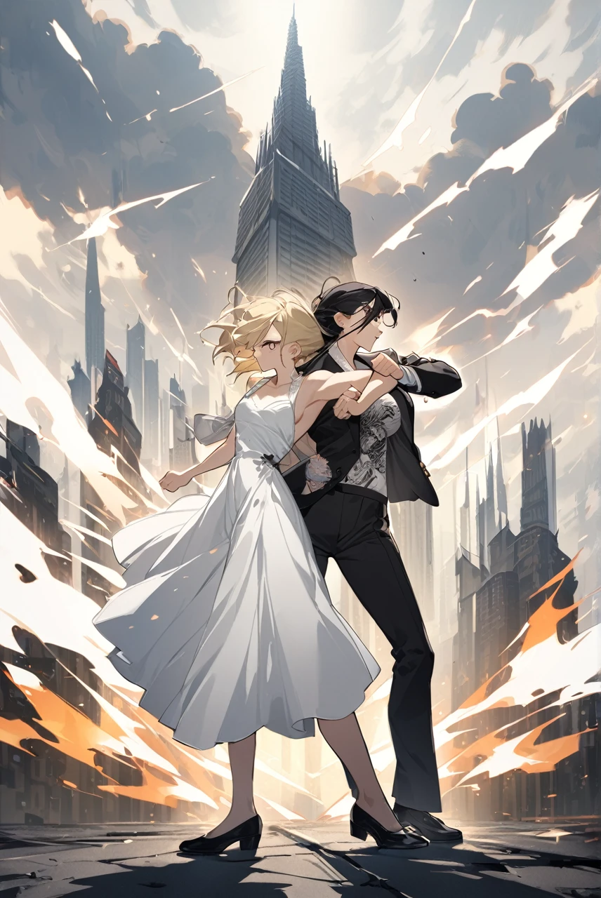 Two Yakuza women back to back punching each other, the first being tall, short blonde hair, shirtless with a dragon tattoo on her back brown White dress shoes, The second tall pale long black hair set, white dress pants, white dress shoes, silver dragon tattoo on back, tall tower backgrounds