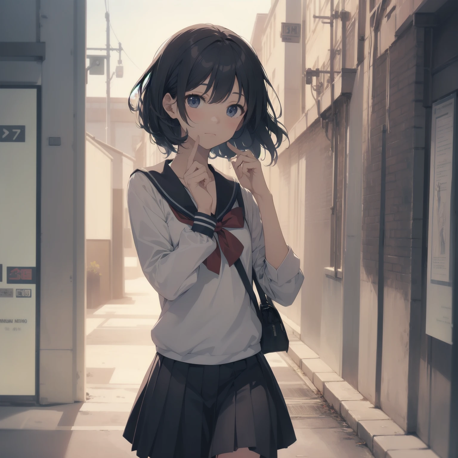 ultra-absurdres-Top quality by artist God, ultra-detailed, high resolution, anime moe artstyle, best anime 8k konachan wallpaper, pixiv contest winner, pool:2810, perfect ,break, 1girl, (Please draw a girl walking sleepily to school alone. )break,(Solo,little female, 13-year-old:1.3),Full limbs, complete fingers,a junior high school student, (very short hair), short cut, flat chest, , small butt, small black eyes, beautiful detailed eyes, well-proportioned iris and pupils, expressive eyes, highres detailed hair, soft expression, salor school_uniform, sailor collar, serahuku, bow, pleated skirt,(Detailed Lighting), (Detailed background), in the School commute route. break,super detailed skin, Best cinematic lighting powered by famous artist, 8k,beauty illustration,photoshop_(medium),very aesthetic,break,((artist:wa_(genryusui) )), artist:clamp ,artist:carnelian ,artist:kantoku ,
