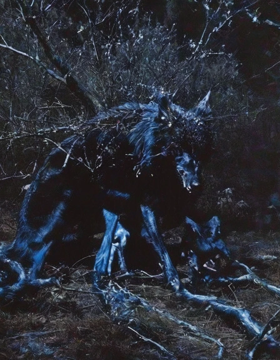 film photography, vintage, arthouse shoot of horror dark blue night forest