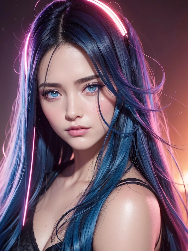 Hyper realistic professional face portrait, one stunningly beautiful 38 years old girl, shining long blue haired, long curly hair, hyper detailed and perfect, intense detailed eyes, perfect face, dark makeup ultra detailed, extemly detalled and perfect face, hyper detailed perfect lips, ultra most beautiful woman ever, cinematic photo neon sign,neon lights, sunset, reflective puddles, scifi,85mm photograph, film, bokeh, professional, 4k, highly detailed