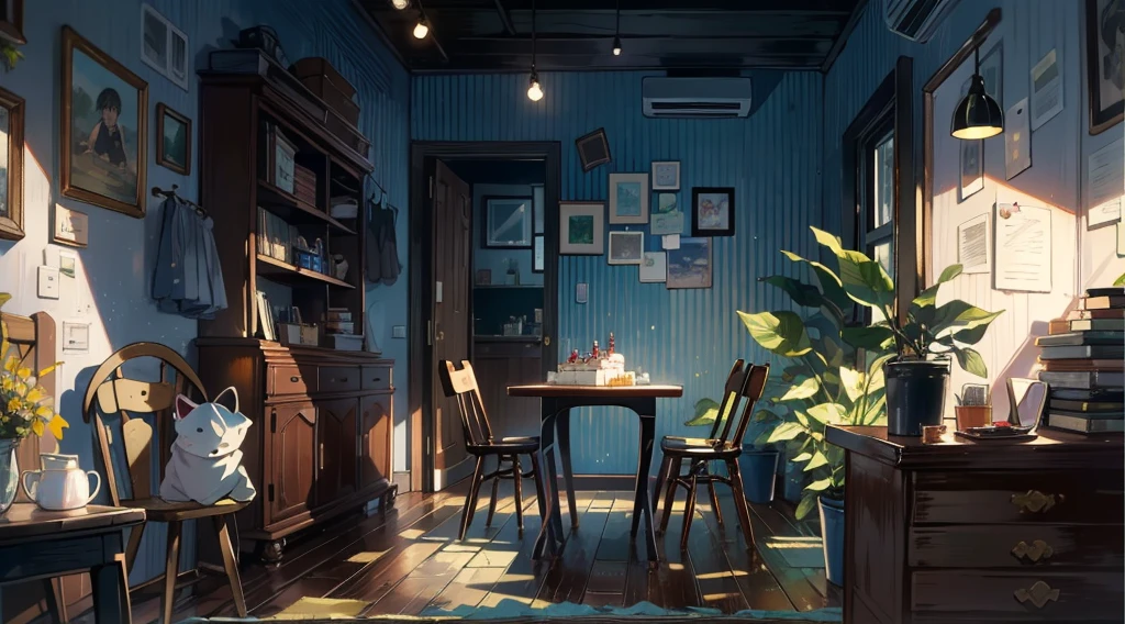 （best quality，masterpiece：1.2，detailed details，4k），A dim old apartment, a small birthday cake on an old wooden table, a modern apartment, an alarm clock on the wall, an anime scene,the wooden floor, 