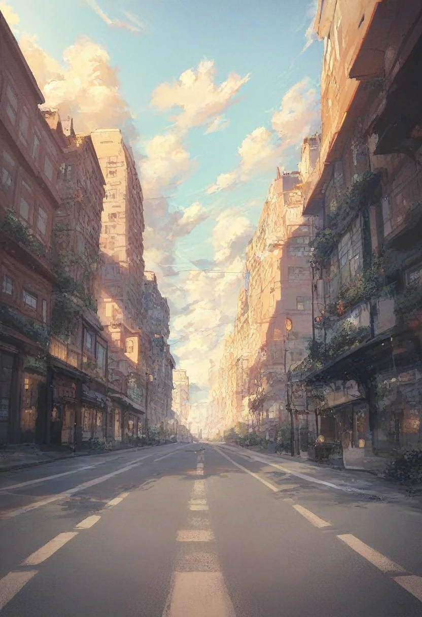 score_9, score_8_up, score_7_up, dijor, prespective view of a road, surround by architectural big buildings on left and right, upview, straught view, blue sky, clouds,