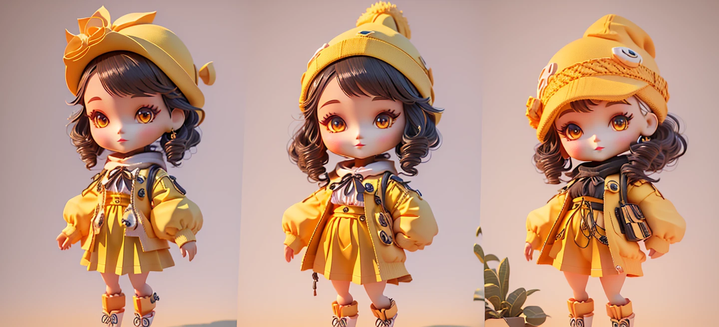 Three different views of a doll wearing a yellow hat and clothes, Lovely character, render of a Lovely 3d anime girl, Lovely 3 d render, High-quality character design, Lovely detailed digital art, Lovely数字, Stylized anime, Lovely cartoon character, Lovely art style, Anime style 3d, Lovely digital art, Lovely! C4D, Animation style rendering